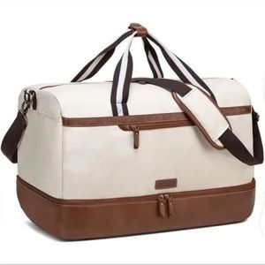New Canvas Carry On Duffel Bag Overnight Bag with Shoe Compartment - Beige